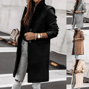 2020 Осеннее шерстяное пальто с рукавом три четверти, двумя пуговицами, карманом на лацкане, женское черное зимнее плюшевое теплое пальто средней длины