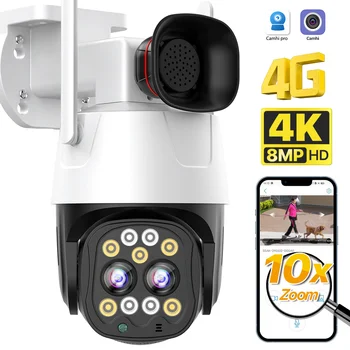 IP-камера 4K 8MP HD 4G с SIM-картой, 10-кратный зум, Wifi PTZ-скоростная купольная камера с двойным объективом 2,8 мм-8 мм, камера видеонаблюдения с искусственным интеллектом слежения Camhi