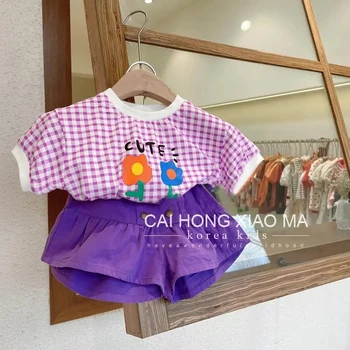 Детская одежда, летняя модная футболка с коротким рукавом для девочек, Шорты, комплект из двух предметов, милый клетчатый комплект с коротким рукавом для девочек 2023