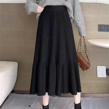 Корейская модная плиссированная юбка, женские юбки трапециевидной формы с высокой талией, Длинные юбки, Осенне-зимняя трикотажная юбка, Женская